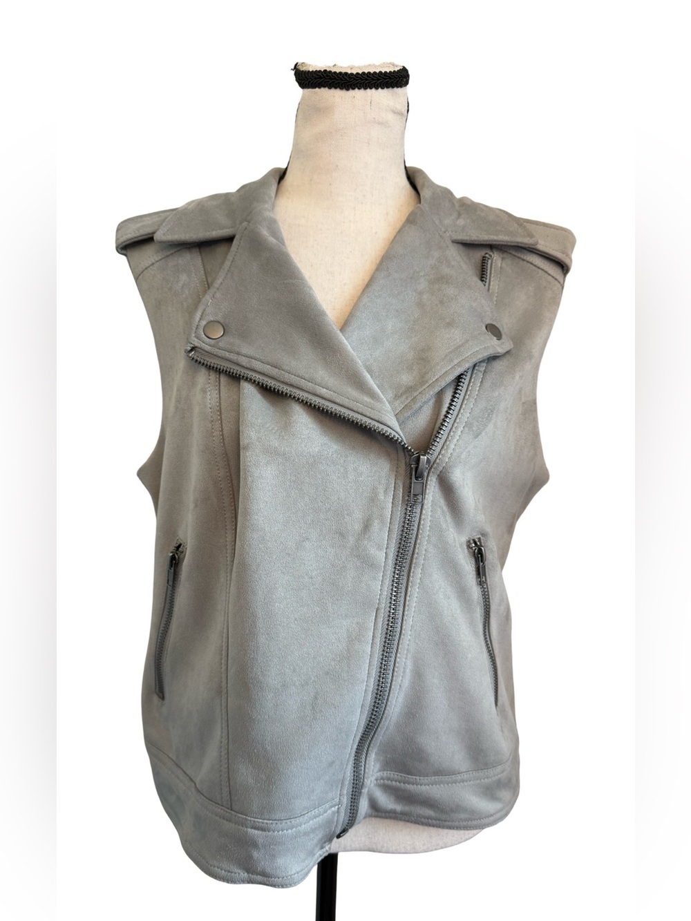 Philosophy Faux Suede Moto Vest Gray Asymmetrical Zip Biker Jacket Women's L